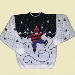 vintage 80s 90s barbra‎ sue cute knit sweater winter snow skating holiday small